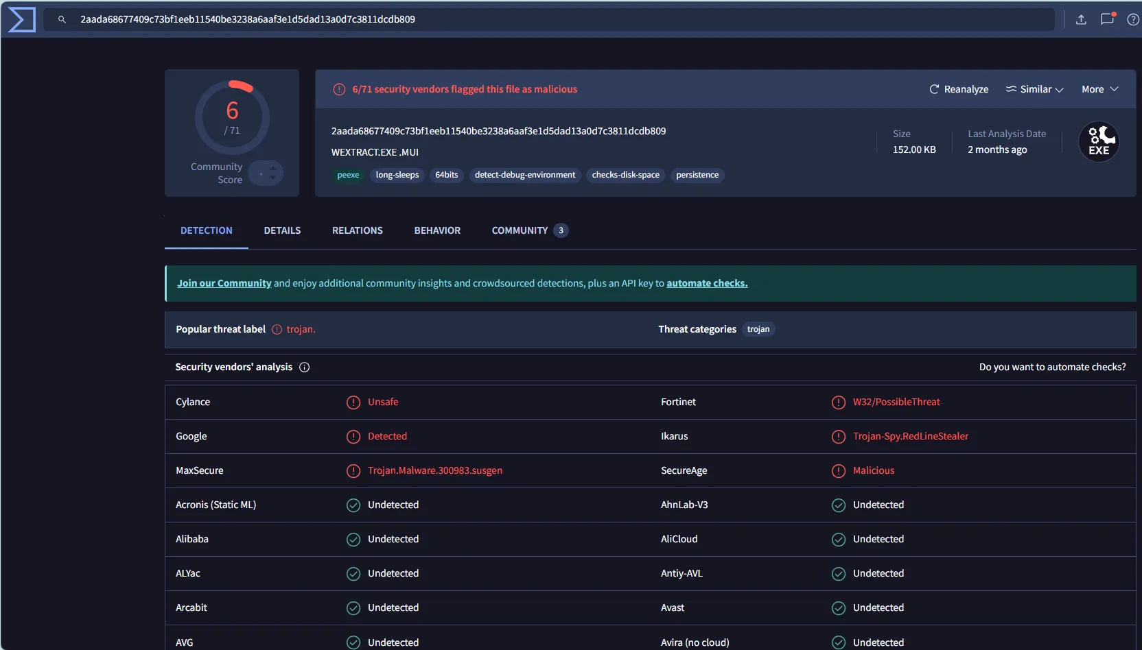 VirusTotal中通过AutoConnector SHA1查询的结果